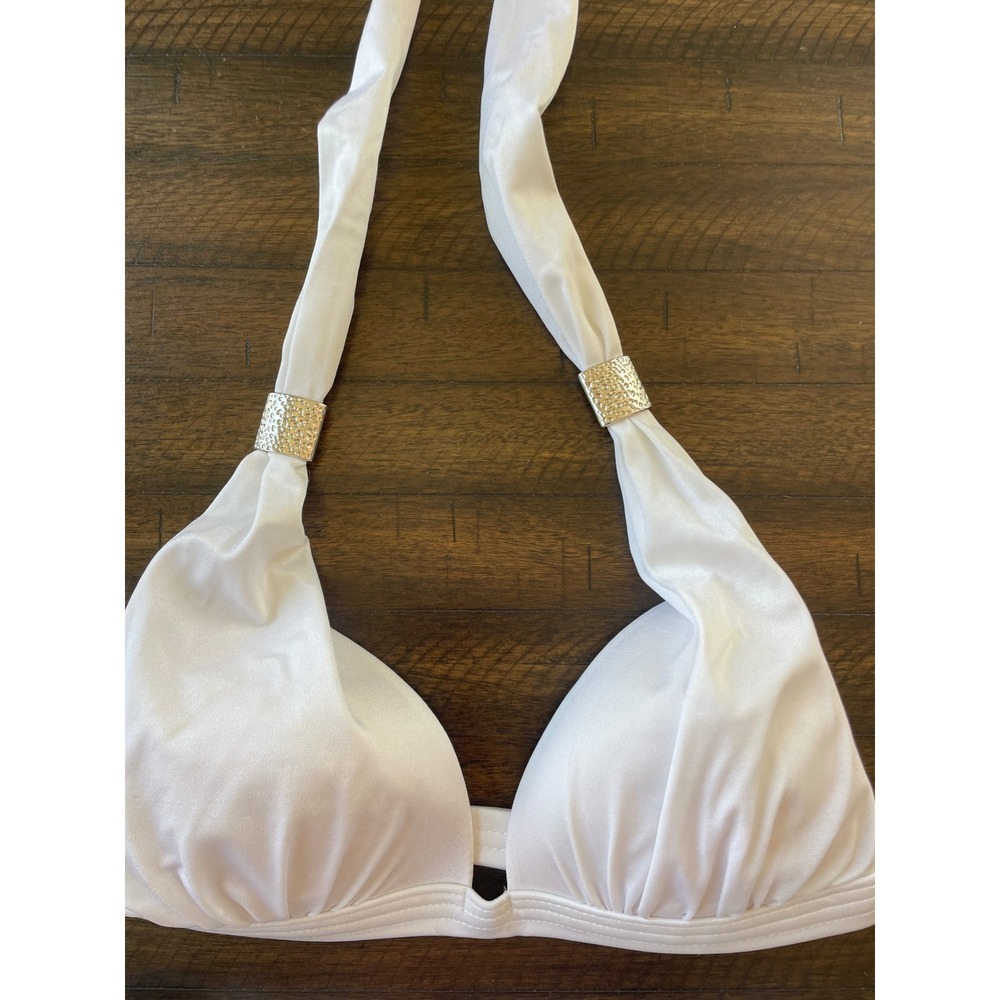 Venus White Halter Bikini Swimsuit Set Gold Accent Roll Waist Bottom Sz A/6 - Picture 2 of 5